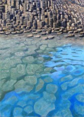 ‘Staffa Rocks’ 91 x 66 cm. AVAILABLE. Clear water reflecting the sky. Basalt rock columns, many millions of years old around a bizarre coastline stand waiting to receive my feet and my admiration. (see my other paintings of Staffa too).
