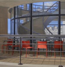 'September Morning’   81.5cm x 81.5 cm. AVAILABLE. This is part of the De Le Warr Pavilion in Bexhill-on-Sea in East Sussex. This was built in 1935 in a classic modernist style. It’s one of my favourite buildings in England. With such a complex structure and equally complex perspective this was a very difficult and time-consuming painting to create, but it was an irresistible challenge. Being forced to look very carefully at a subject really helps in understanding it.