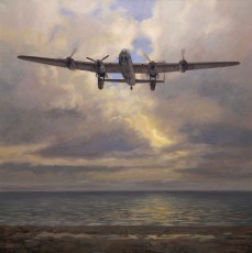 ‘Bruised but not beaten’. An Avro Lancaster returning home. 102 x 102 cm