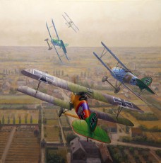 ‘Strutting Peacocks’. Showing four Albatros fighter aircraft from the colourful and notorious ‘Jasta 5’ squadron in 1917. 76 x 76 cm