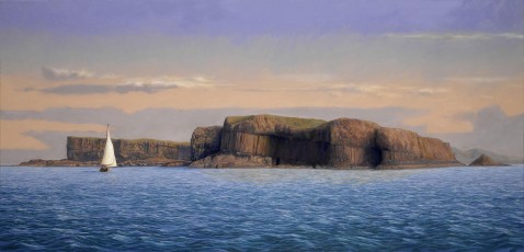 ‘Summer morning at Staffa’  70 x 151.5 cm. AVAILABLE. The island of Staffa off the west coast of Scotland is famous for Fingal’s Cave and the amazing basalt rock formations on it. It’s only about sixty miles from the Giant’s Causeway in Northern Ireland and it’s geologically connected to it. I was here whilst taking part in the Channel Five series ‘Britain’s Favourite Landscape’, this being one of two large paintings I did of this starkly beautiful place.