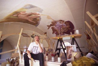 The next ‘Teenage Mutant Ninja Turtle’ I worked on was Michelangelo. Here you see me part way through painting a replica of part of his Sistine Chapel along with fellow artist Fleur Kelly. A lot of intensive fun over a very hot summer. 