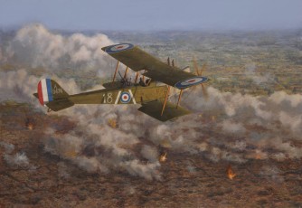 ‘Above the barrage’ Showing a lone and vulnerable ‘RE.8’ biplane above the barrage at the Battle of Arras in May 1917. 50 x 71 cm