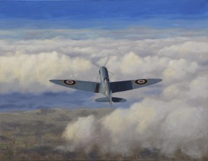 ‘Blue Yonder’. A Spitfire of the RAF’s Photo Reconnaissance Unit leaving the safety of the English coast on its way to Normandy in 1944. 71 x 92 cm