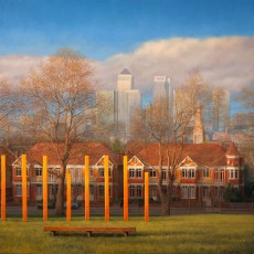 ‘Canary Wharf, seen from Hilly Fields, Brockley’ 91 x 91 cm. SOLD. The setting sun shines on buildings near and far, with the houses falling under the shadow of a hill, on top of which are children’s playground equipment called ‘steppers and climbers’. Like many of my paintings it is square, with a central subject, against the ‘rules’ according to some; do I care? No. What attracted to me to this subject is the light, of course, but also the echo of the shapes of the gables on the houses with the top of Cabot Tower in the distance.