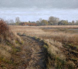 ‘Fishbourne Creek with Salt Mill House’  80 x 90 cm. AVAILABLE. This place is about eight minutes’ walk away from my house. The path next to the reedbeds gave me a pleasing composition, this and the natural colour harmony ought to please the viewer. Some paintings almost create themselves.