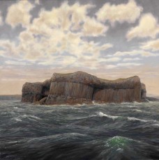 ‘Rough seas at Staffa’  91 x 91 cms. SOLD. A contrast to the other painting of Staffa, this dramatic scene shows the uninhabited island surrounded by fierce waves. The heaving and rolling of the water makes me be grateful to be standing on dry land. For thousands of miles to the west of this spot there is nothing but the Atlantic.