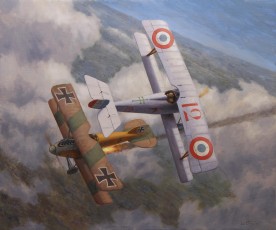 ‘Him or me, so be it!’. The maverick French pilot André Dorme in his Nieuport 17 destroying a German Albatros D.II in the autumn of 1916. 46 x 55 cm