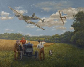 ‘Closing In’. A painting showing a Messerschmitt 110C and a MkI Hurricane in the Battle of Britain. 76 x 95 cm