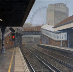 ‘Waterloo East station’  71 x 71 cm. AVAILABLE. How many of us have spent a large chunk of our lives standing on a train platform waiting for…some kind of progress in our lives? I know this station very well. One day it seemed like a good idea to turn the station as a metaphor for life into the station as a subject for a painting. The perspective and all those lines needed orchestrating as well as describing, so I settled on a square canvas (again) and then, very early one morning, I saw the right light for the right mood I wanted to depict. A time-consuming but atmospheric painting appeared.