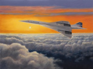 ‘Chasing the Sunset’. Concorde flew faster than the revolving of the earth so when flying east to west it could see the sun rise in the west! 76 x 101.5 cm