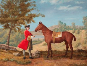 A fake in the style of George Stubbs showing Lord Elpus and his horse. 71 x 91.5 cm