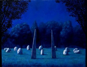 ‘Brockley Stone Circle, moonlight’  91.5 x 71 cm. SOLD. Another painting of this stone circle in south east London. An even more limited palette centred on blue. This kind of lighting is often used in theatres to represent night or darkness when the subject still needs to be seen by an audience. Our eyes read it as natural when it isn’t, and so this is what I tried to do here, just to see if it would work. I think it does. This place is real, the light is as real as your mind lets it be. Maybe last night, maybe tonight, this place can be seen just as it is here…