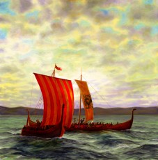 ‘Viking Longships’  50.5 x 50.5 cm. SOLD. An imaginary view. These ships were very beautiful and yet at the same time for many on whose shores they arrived they were terrifying. It’s sometimes better to have your eyes open when you imagine things.