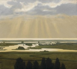 ‘Rye Marshes’  45 x 60 cm. AVAILABLE. Rye is in East Sussex. This view from the top of a church really had to be painted. The sun’s rays cast their benevolent light over sea and marsh as if God himself is about to appear, or perhaps that huge foot from Monty Python.