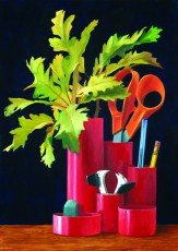 ‘Tidy Nature’ Oil on panel 26 x 18 cm. AVAILABLE. A still life painting that I did many years ago. The name of the plastic ‘desk tidy and finding a sprig of oak leaves one day just made an image that I though worked.