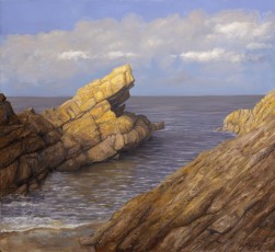 ‘Rocks near Eyemouth 2’  38 x 50.5 cm. AVAILABLE. Eyemouth is on the east coast of Scotland. One of the best things about oil painting is using the huge rich palette of colours available to match the rich colours we see in nature. Well, ok, is ‘match’ a good word? No, perhaps emulate, maybe even worship. In one way or another we’re all slaves to nature.
