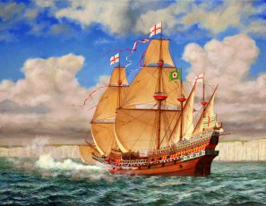 ‘In Defence of the Realm’  71 x 91.5 cm. SOLD. This is an Elizabethan ‘race-built’ galleon. This painting is a kind of fantasy, inspired as much by the kinds of books on nautical history I grew up with as the actual appearance of the real thing.