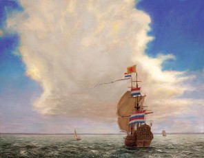 ‘The Golden Lion in a stiff breeze’  80 x 100 cm. SOLD. This was a real ship, part of the Dutch navy during one of the wars with the English during the seventeenth century.