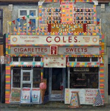 ‘Coles shop’  35.5 x 35.5 cm. NOT FOR SALE. One of my first oil paintings done many years ago. This shop in Leyton, east London, was near where I grew up. This shop was an amazing place, not just selling the things it describes outside (including the mis-spelt word ‘stationary’) but inside it was a kind of museum dedicated to the shop’s owner who, in his younger years used to ride a racing motorbike. He even had his original bike on a slowly revolving stand at the back of the shop. Strong and poignant memories for him, and now he and his shop are all long gone, for me too.