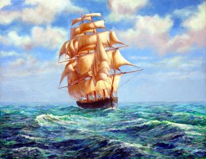 ‘The Formby’ 71 x 91.5 cm. AVAILABLE. A nineteenth century clipper ship in full sail. Just imagine being there. Listen to the sounds around you.