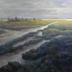 ‘Brighter Later’  (Fishbourne Creek) 101 x 101 cm. AVAILABLE. A painting showing part of Fishbourne Creek, only about ten minutes’ walk from my home. The title comes from a Nick Drake song.