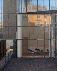 'Reflections by the river', 100 x 80 cm. AVAILABLE. This building is at the south end of London Bridge. The reflections show what’s behind the viewers back and, at the top, across the river Thames. The river itself can be glimpsed in a gap on the lower left. I like the ambiguity that reflections provide; they play with space and with our minds.