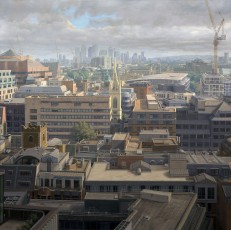 'And so it goes on…'  Oil on canvas 100cm x 100cm. AVAILABLE. A view from high up on the edge of the City of London looking roughly east. This was my ‘lock-down’ project during the Covid pandemic. I’d already made a lot of drawings and photographs of this scene before the crisis, so I decided to make the most of this opportunity to make a major show-piece painting, spending a total of about 2000 hours on it. Being interested in history what first attracted me to the scene; it has a very wide range of historical buildings in it, from the Tower of London right up to the modern era, with many fine buildings from so many periods in between. It’s a large painting packed full of detail but technique and even content do not make a good painting, it’s art, or rather, how I turn nature into art. That splash of light from a sun trying to peak through dense rain clouds was what made me pursue this project more than anything else. The patterns, shapes and rhythms of this almost random mix of architecture also told a kind of subliminal story of their own.