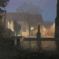 ‘Pre-dawn reverie, Chichester’  oil on canvas 81 x 81 cm. AVAILABLE. One night I couldn’t sleep so I went for a long walk to clear my head. The weather was slightly misty with a fine drizzle of rain. No one was around. Later, I had to record what I saw in paint. The statue of Saint Richard seems to give his blessing to a former church across the road, now a pub. An enigmatic green light is reflected on the wet paving stones in the shadow of the cathedral. A kind of quiet magic happened.