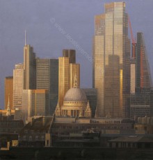 'Transition', oil on canvas, 104 x 100 cm. AVAILABLE. Familiar buildings seen from a distance as the sun sets. Bright gold and deep shadows. Silence. The transition is from day to night, and the transition is also the ever changing city as time passes. Like a glacier the slow inexorable march of time destroys as well as renews, and yet it leaves some things untouched by its progress. We are only fleeting witnesses to it all. The crushed perspective comes from the distant viewpoint, on top of a building in Leicester Square.