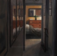 The Hypnos Bedroom' Oil on canvas 60 x 60cm. AVAILABLE.
This is in my house. Appropriately, in one bedroom there is an ancient Greek bronze of Hypnos, the personification of sleep. The reflections attracted me to creating this painting. They echo and distort reality, just like dreams do. A surreptitious self-portrait is a distant echo of Velasquez.
