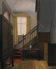 ‘The Mystery of Light: Tyntesfield’  oil on panel, 61 x 51 cm. AVAILABLE. 
This is part of a large National Trust house near Bristol. The light of a bright day diffused through closed blinds. The stairs lead to rooms not normally open to the public, but they are open to our imagination. Seeing is feeling.