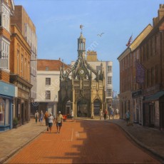 ‘Light and shade on South Street’ Oil on canvas 100cm x 100cm. AVAILABLE SOON. This shows one of the four main streets that branch out from the medieval Market Cross in Chichester, West Sussex during one of four officially declared heat waves that England had in 2025.